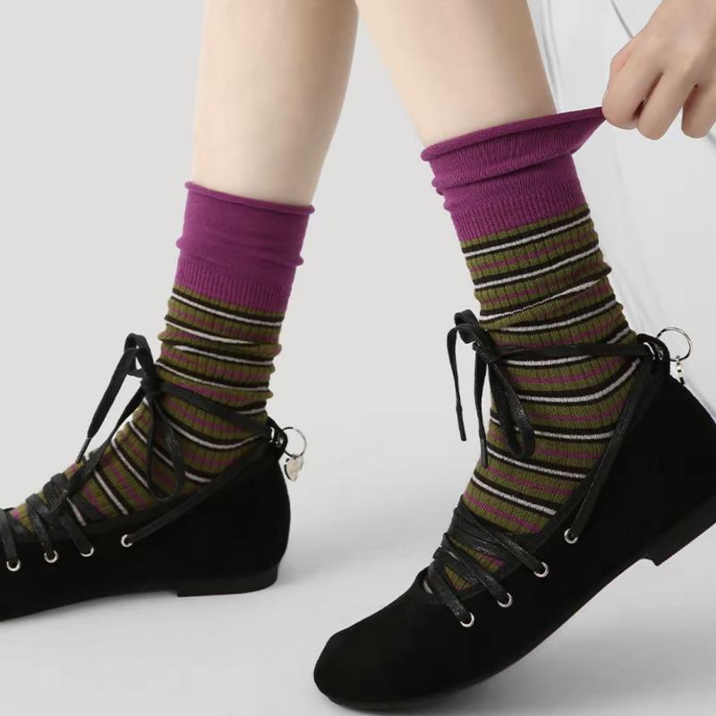 

Осенне-зимние полосатые носки до середины икры с цветными блоками для женщин, ретро и модные, в сочетании с махровыми носками из чистого хлопка 1 pair