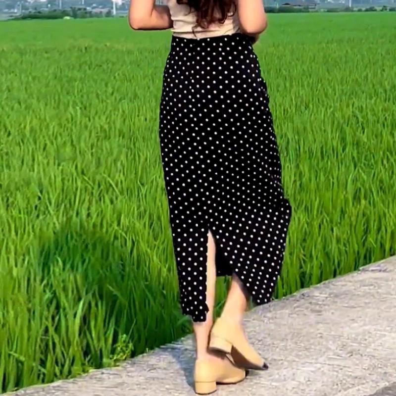 Women's 2025 Summer White Polka Dot High-Waisted Slit Skirt - Versatile & Slimming Style
