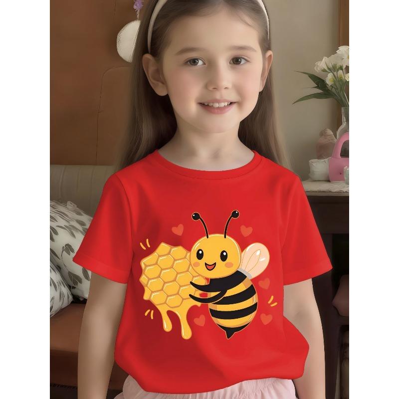European Sizes Children's Summer Short-Sleeve T-Shirt, Cartoon Print Top for Girls, Featuring a Cute Design, Suitable for Outings and Daily