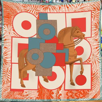POBING 30% Silk 70% Cashmere Scarf Women Hand Rolled Horse Print Square Scarves Wraps Bandana Big Hijabs Female Foulard 135CM