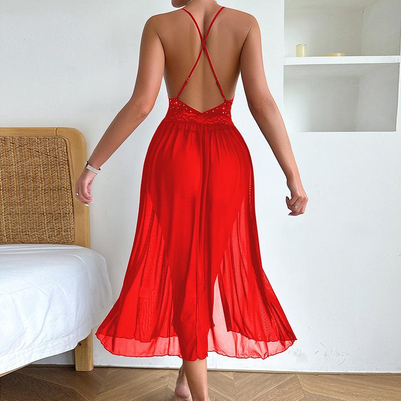 Pajamas Long Skirt Transparent Shiny Suspender Pajamas Sexy Underwear Passion Pure Desire Mesh One-piece