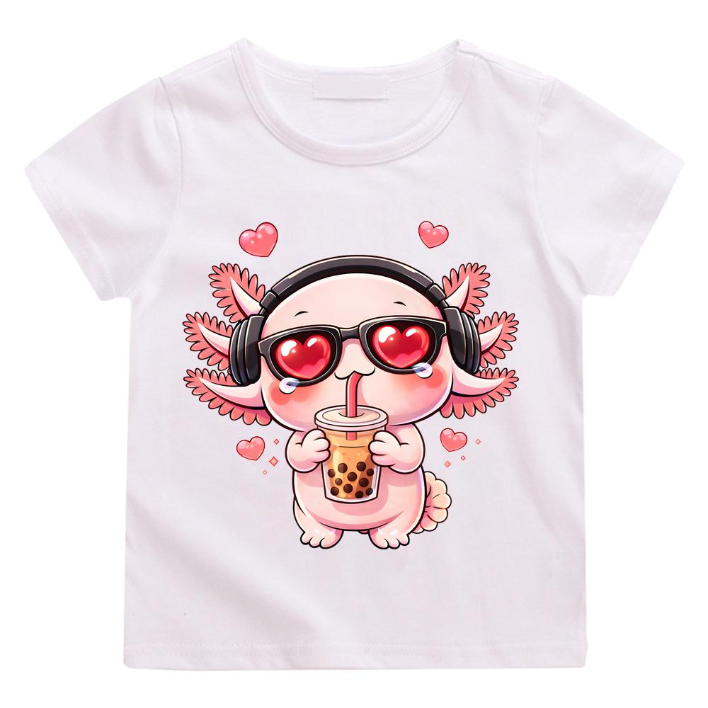 Bubble Tea Love Axolotl T Shirt Kawaii Axolotl Drinking Boba Chibi Anime Design Tee Cotton Boys/girls Cartoon Print Cute Manga Tee-shirt