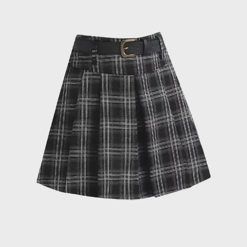 Dámská sukně s vysokým pasem, kostkovaná, plisovaná, áčkového střihu - Retro podzimní/zimní styl, zeštíhlující, zakrývající boky, krátká délka
