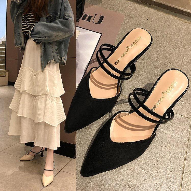 Lazy Pointed Toe Spike Heels Women Sandals Stretch Fabric Air Mesh Mules Solid Color Casual Lady Slides Slip On Outside Shoe