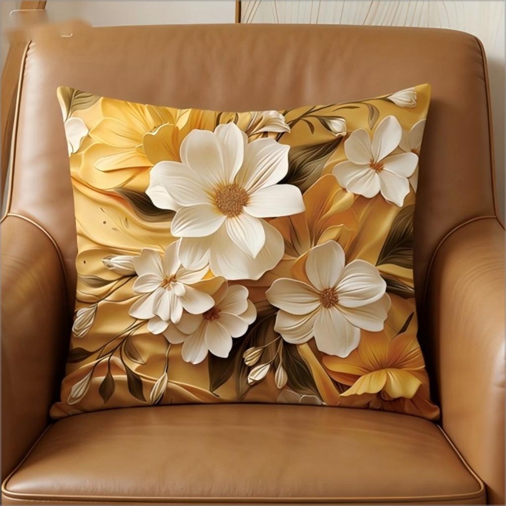 2D Luxury Golden White Flower Pillow Cover Elegant Floral Print Cushion Case For Sofa Couch Modern Boho Home Decor Gift