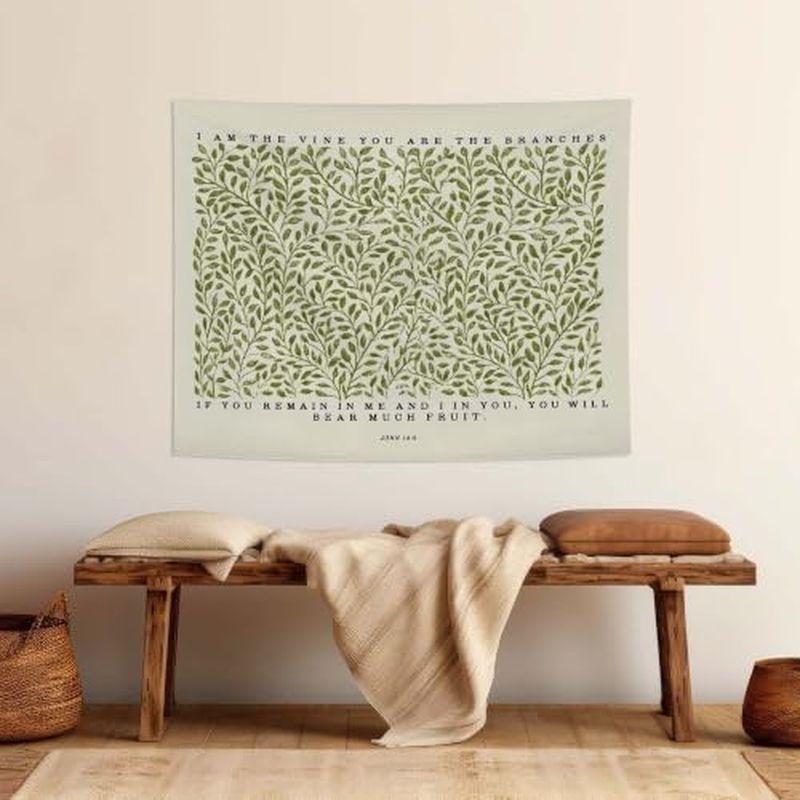 Vine John Gospel Scripture Tapestry, Christian Green Leaf Bible Quotes Wall Hanging, Retro Home Decoration