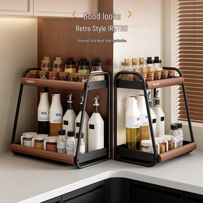 Double Layer Kitchen Seasoning Rack - Multi-Functional Countertop Organizer for Oil, Salt, Soy Sauce, and Vinegar