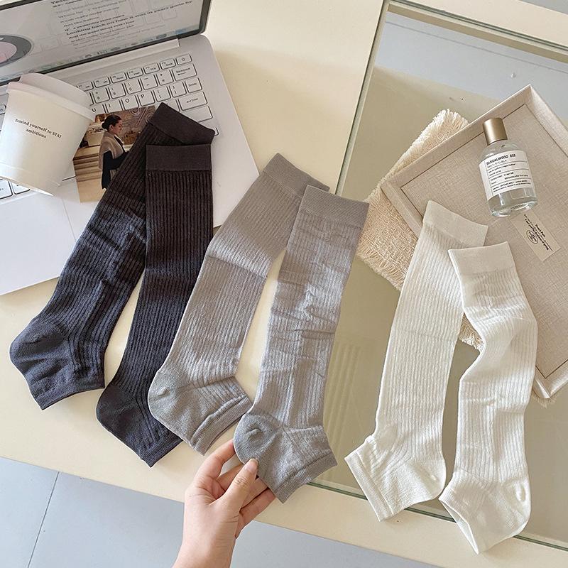 Miu Style Women's Spring-Summer Thin Korean Slouch Socks, Vertical Stripe, Solid Color, Versatile Slimming Leg Sleeves