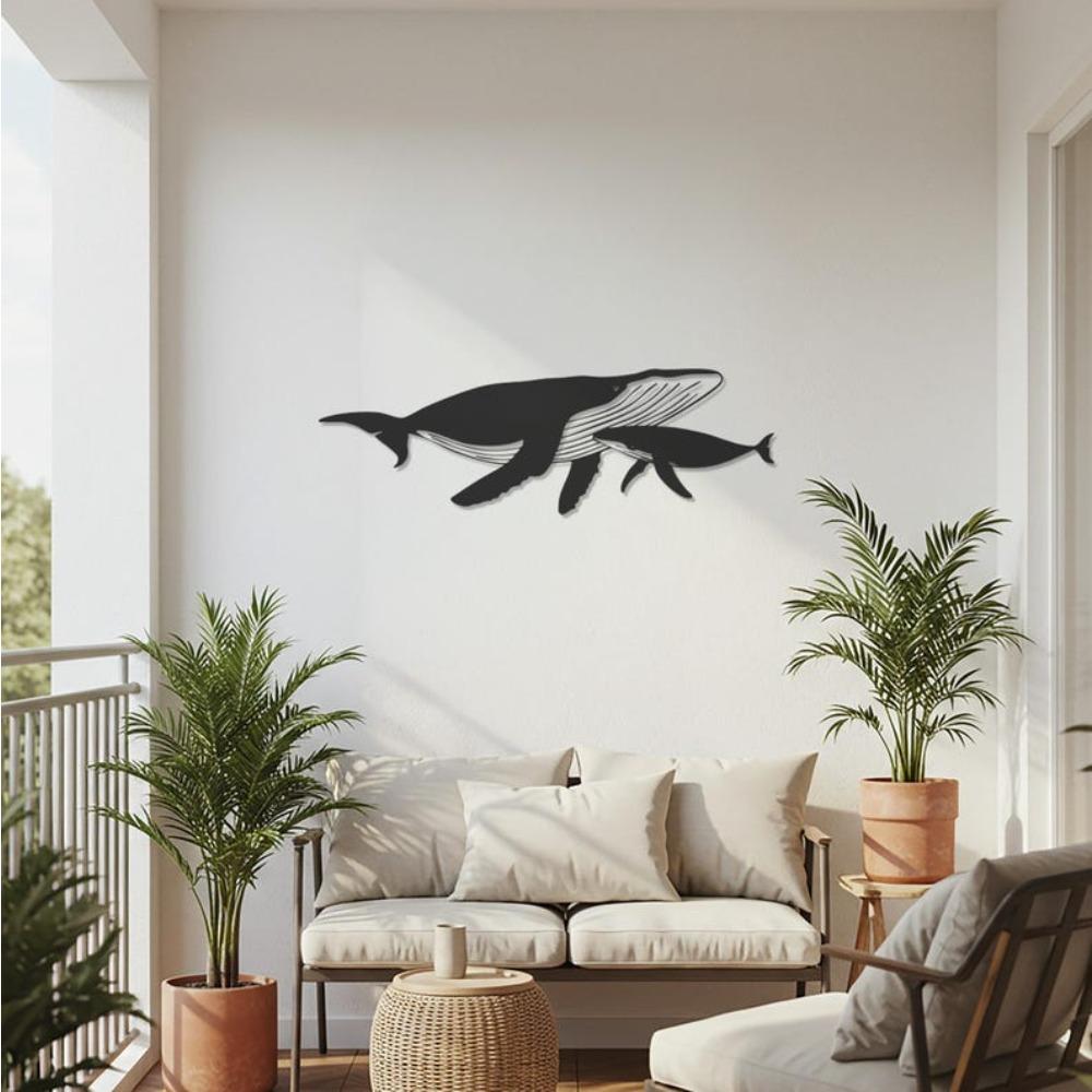 Whale Family Metal Wall Art Ocean Inspired Whale Calf Silhouette Minimalist Sea Life Decor for Living Room Office