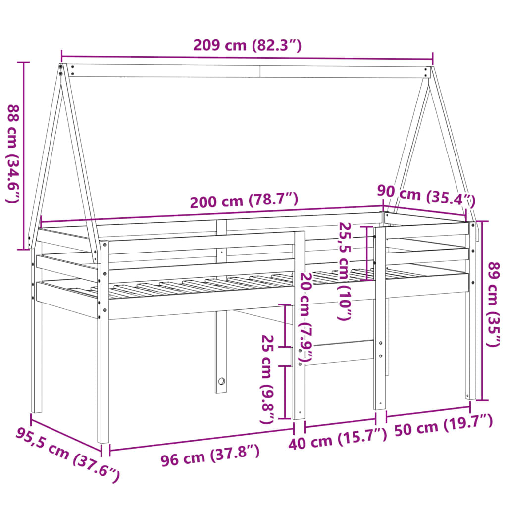 High Bed with Roof 80 x 200 cm Solid Pine Wood
