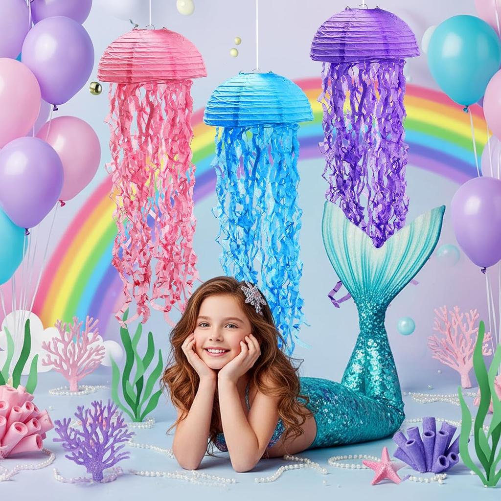 Set of 10 Jelly Fish Paper Lanterns, Pink Purple Blue Green Hanging Lantern, Jelly Fish Mermaid Decor for Party, Under The Sea Mermaid Birthday Party