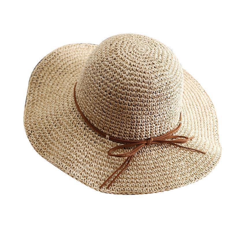 Damen-Strohhut mit breiter Krempe Koreanischer Stil Faltbar Schleife Kreuzgrenze Frisch Strandurlaub Sonnenhut Ausgeschnitten Atmungsaktiv Gewebter Hut