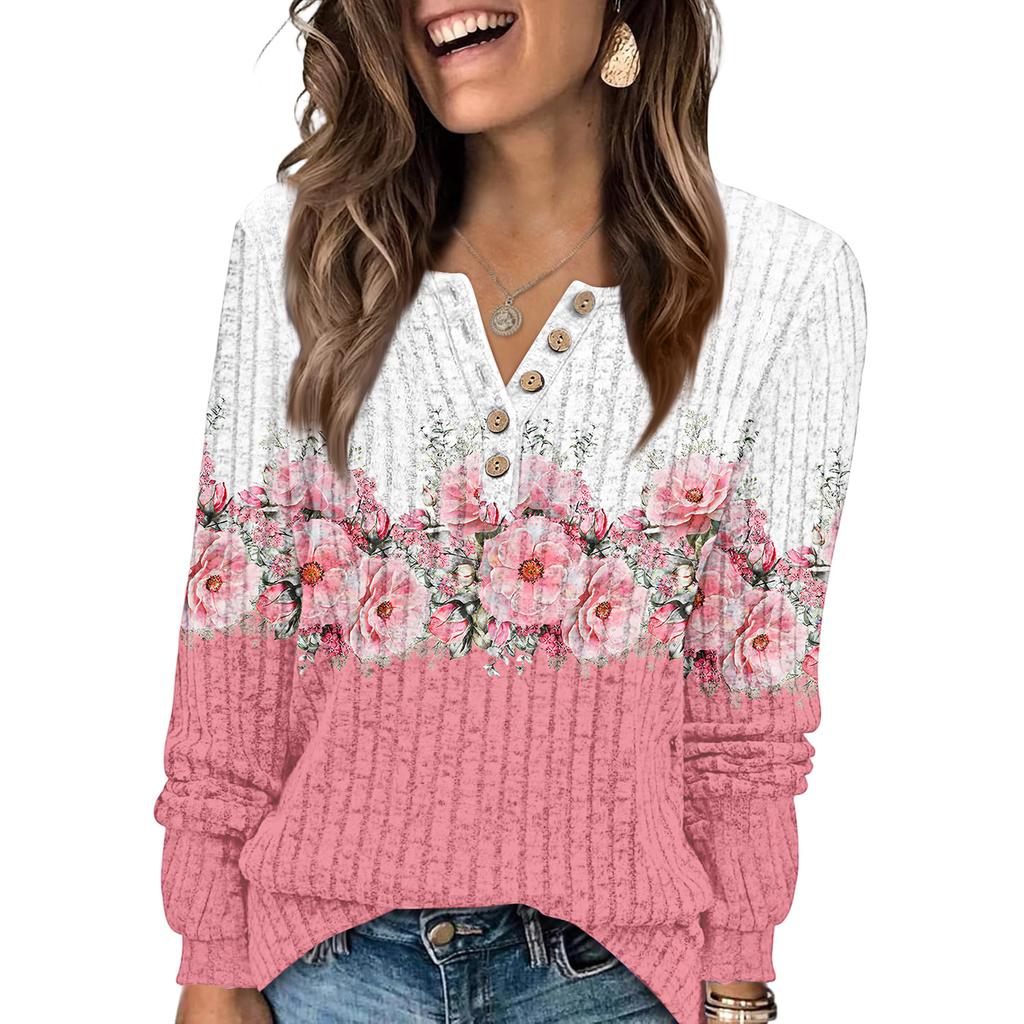 Women's Fashion V-Neck Button-Up T-Shirt With Floral Print Long-Sleeved Top