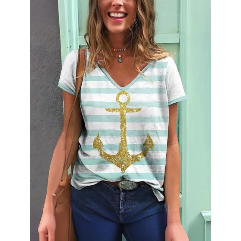 Stripe Graphic 3D T Shirt Women Summer V-Neck Short Sleeve Tops Holiday Casual Tees Woman Streetwear Oversized T-shirt