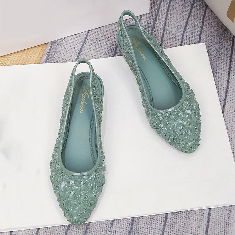 WTEMPO Pointed Toe Flowers Large Size Solid Color Casual Shoes Women PVC Waterproof Non-slip Soft Low Thick Heel Work Single Shoes