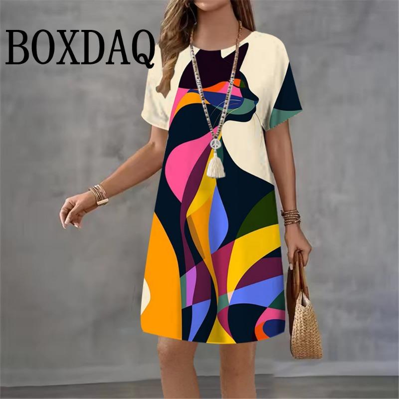 New Dresses Women Outdoor Fashion Short Sleeve Abstract Animal Cat Pattern Print Dress Casual Loose A-Line Dresses