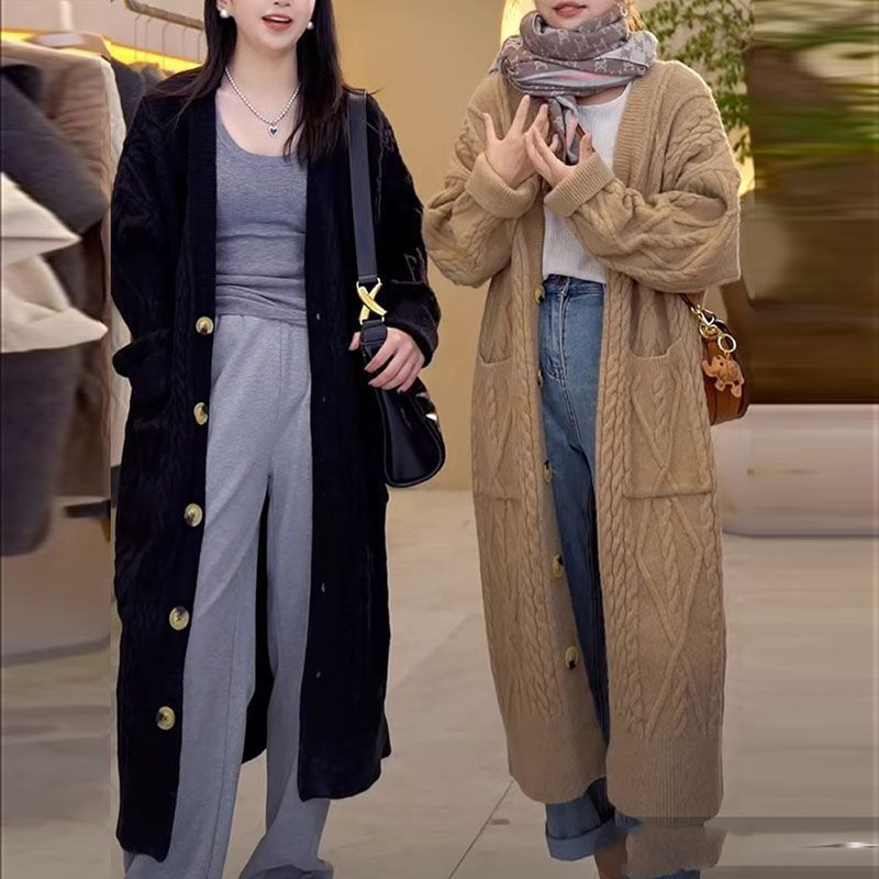 Medium and Long Over-knee Lazy Wind Cardigan Knitted Sweater Autumn Twist New Pocket Knitted Sweater Outer Coat