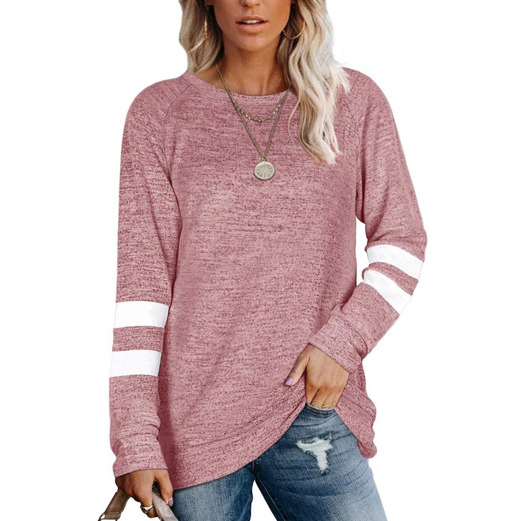 Fashion Casual Womens Long Sleeve Striped Spliced Tops Loose Sweatshirt