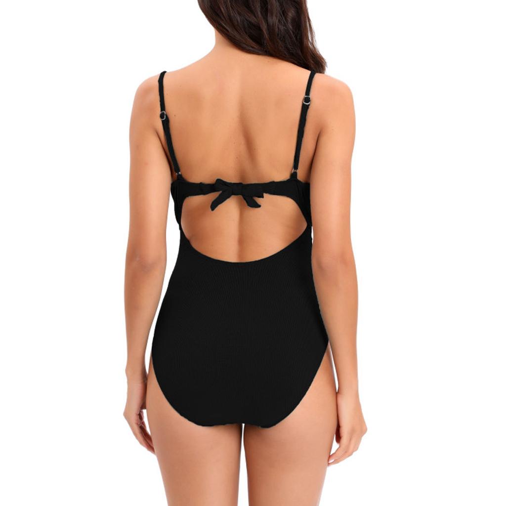 One Piece Swimsuit for Women with Built-in Chest Pad Wireless Support Adjustable Straps Ruffled Trim Solid Color Swimwear