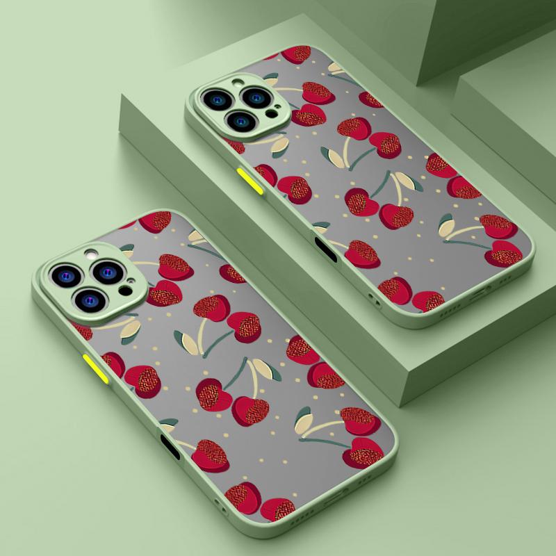 Simple Cherry Pattern Clear Matte Phone Case For iPhone 16 Pro Max 15 Pro 14 13 12 11 Soft Edge Shockproof Lens Protection Slim Phone Cover