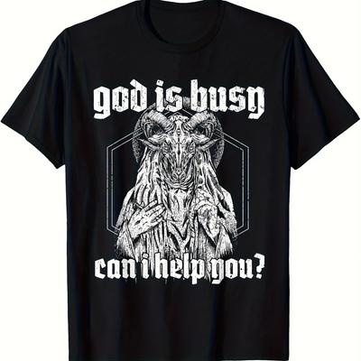 Lokales Unisex Baphomet Okkultes Symbol T-Shirt Gott Ist Beschäftigt Kann Ich Ihnen Helfen Gothic Schriftzug Ziegen Design Passform Baumwolle Streetwear T-Shirt