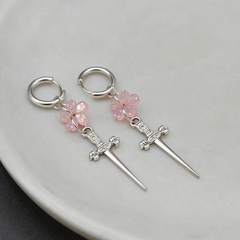 Punk Black Sakura Blade Earrings Gothic Cherry Blossom Sword Pendant Small Hoop Earrings Japanese Jewelry серебряный