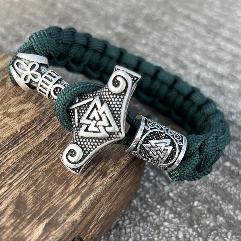 Viking Thor Hammer Valknut Vegvisir Runes Beads Jewelry Handmade Braided DIY Paracord Bracelet Mens Womens Accessories