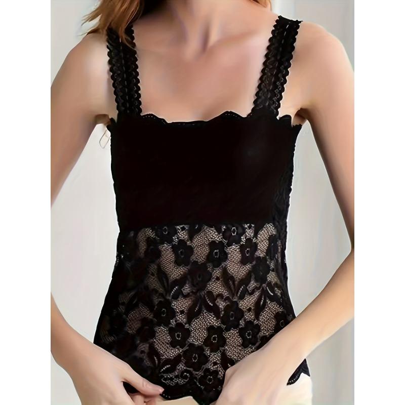 Women's Black Lace Scallop Trim Cami  Solid Sleeveless Fitted Camisole Casual Elegant Tank Solid color Daily Wear