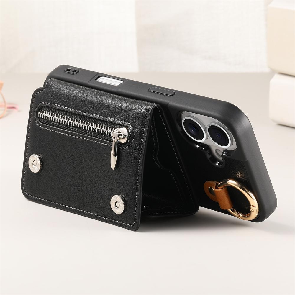 Premium Business Foldable Wallet Case with Ring & Shockproof PU Leather Phone Cover with Card Slots, Zippered Coin Pocket & Stand for iPhone/Samsung