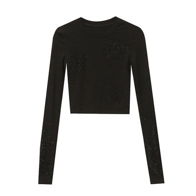 Frühlings Rundhals Schwarzes Eisen Diamant Langarm T-Shirt für Damen mit Leichtem Luxus Stilvolles Slim Kurzes Oberteil