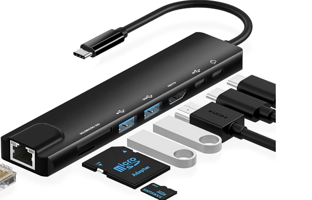 

Концентратор 8-в-1 Адаптер-конвертер с 4K RJ45 PD Карта к USB Совместимый с MacBook USB-C Type-C HDMI, Сеть, Зарядка, Кардридер SD/TF, Type-C