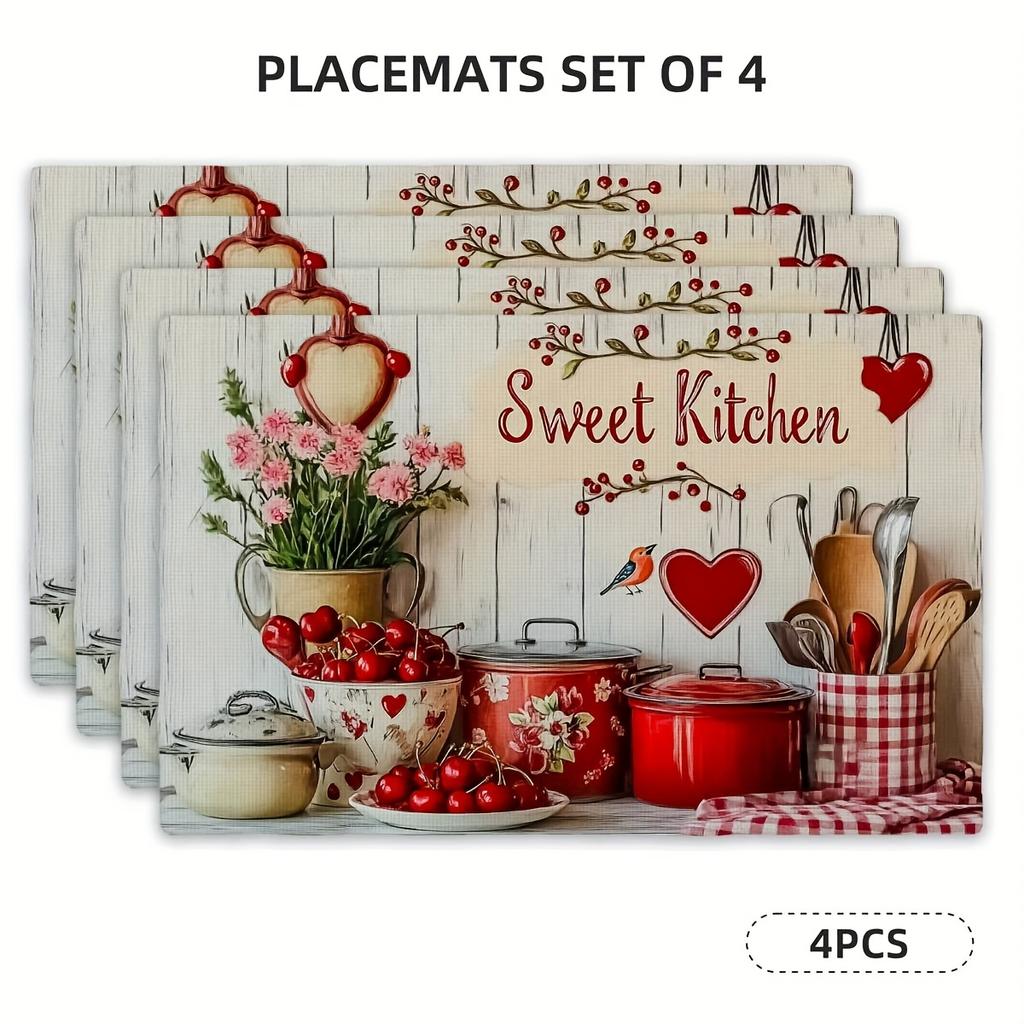 4pcs Rectangular Placemats- Thin- Early Summer Sweet Kitchen Element Placemats, Vibrant, Heat-Resistant and Easy to Clean, 12x18 Inches