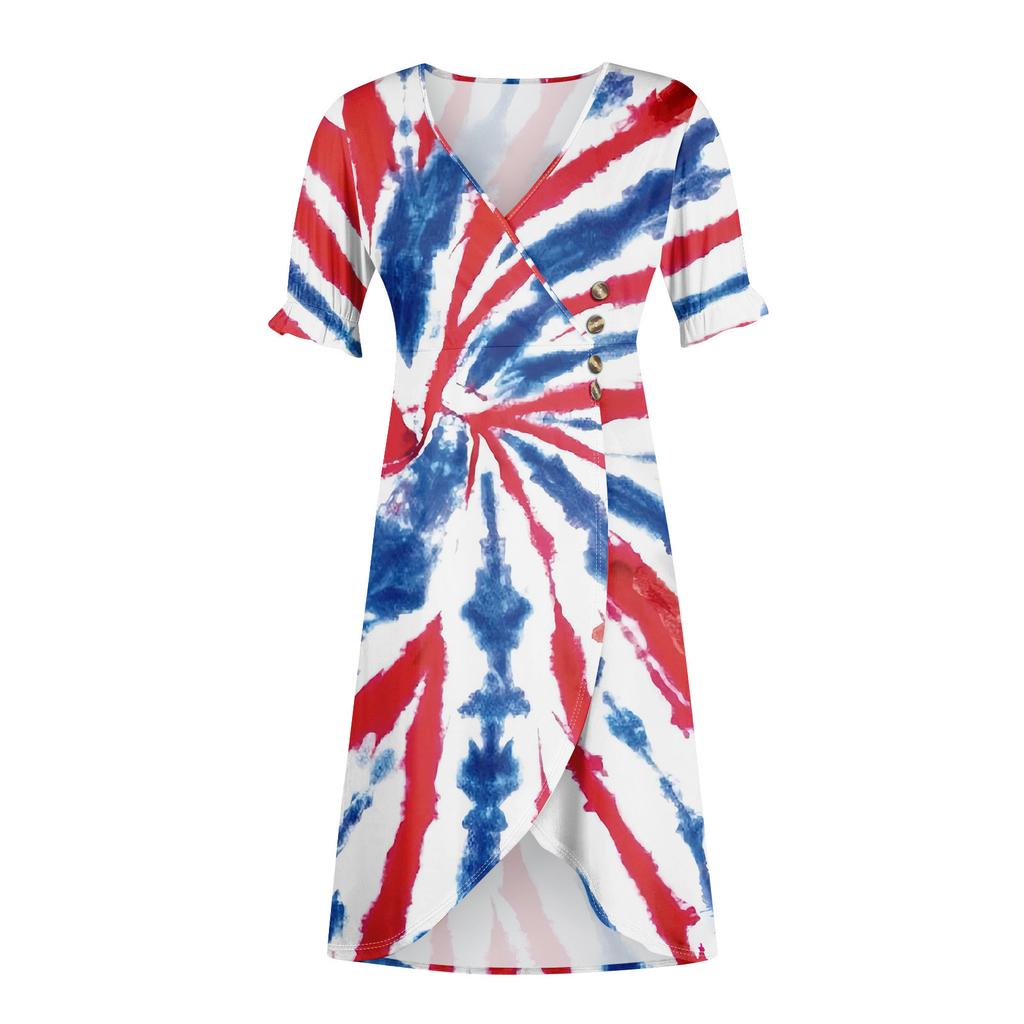 Strandkleider für Damen Frühling Sommer Elegant Wickel V-Ausschnitt Unabhängigkeitstag Print Kleid Fließend Gerafft Hawaiianisches Maxikleid