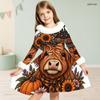 Girls High Neck Long Sleeve Cartoon Bear Pumpkin Printed Furry Trim A Line Flared Dress