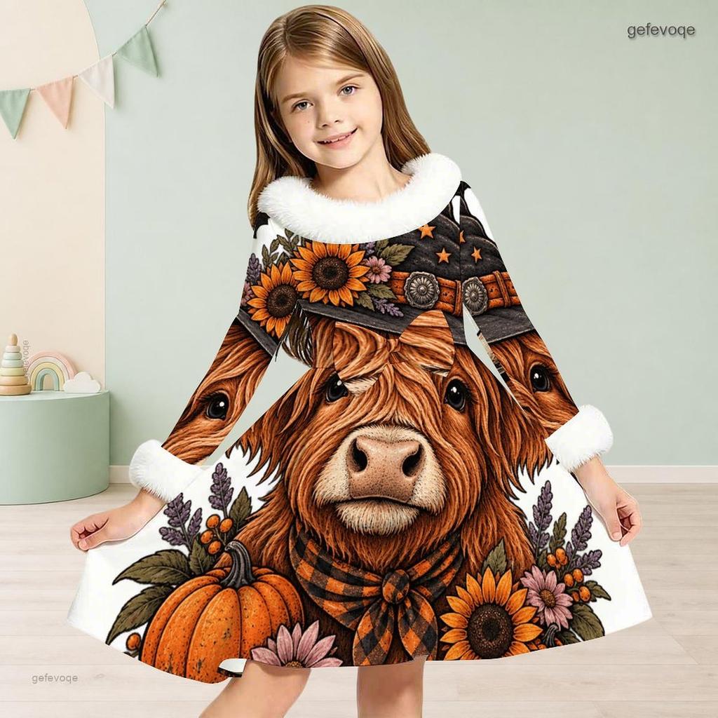 Girls High Neck Long Sleeve Cartoon Bear Pumpkin Printed Furry Trim A Line Flared Dress