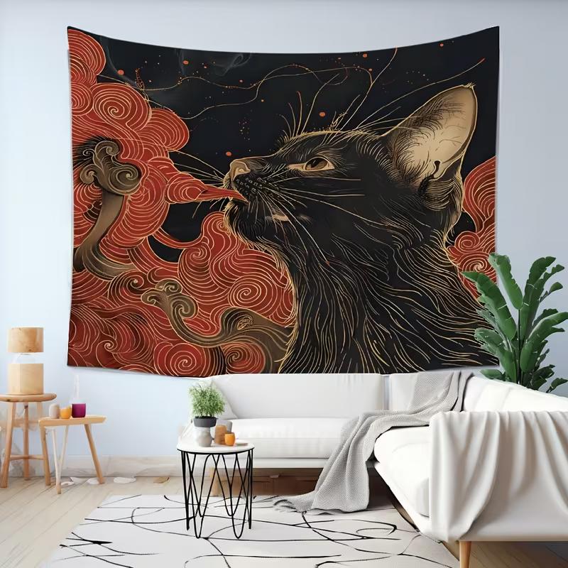 2D Mystische Schwarze Katze Wandteppich, Japanische Ästhetik Rote Wolken Wandkunst für Zuhause
