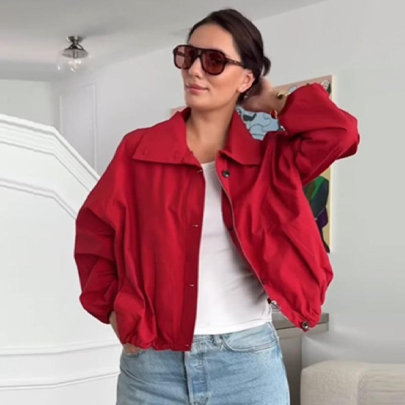 2025 New Button High Street Short Jacket Zipper Fashion Long Sleeve Red Coat Turn Down Collar Loose Overcoat Women's Outerwear