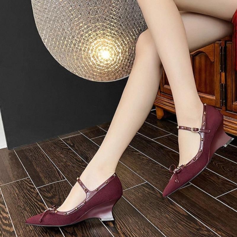 Studded One Strap Shaped Heel Single Shoes Women's Fashion Pointed Toe Shallow Suede Bow Non-Slip Mid-heel Shoes