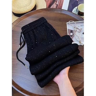 Simplicity Fashion Autumn Women Solid Ice Elastic High Waist Drawstring Pocket Sequined Casual Loose Straight Wide Leg Trousers