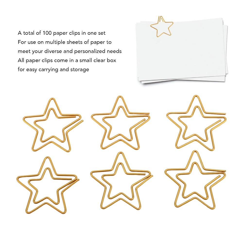 100PCS Gold Color Cute Paper Clips Star Shaped Metal Paper Clips Decorative Paper Clips Home