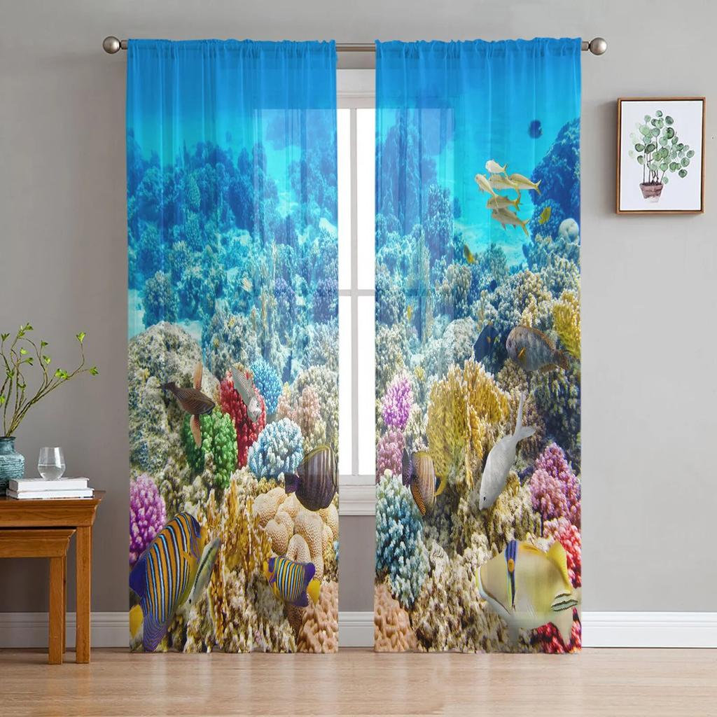 Carp Animal Fish Geometric Tulle Curtains For Living Room Sheer Curtain Bedroom Voile Decorative Window Treatments