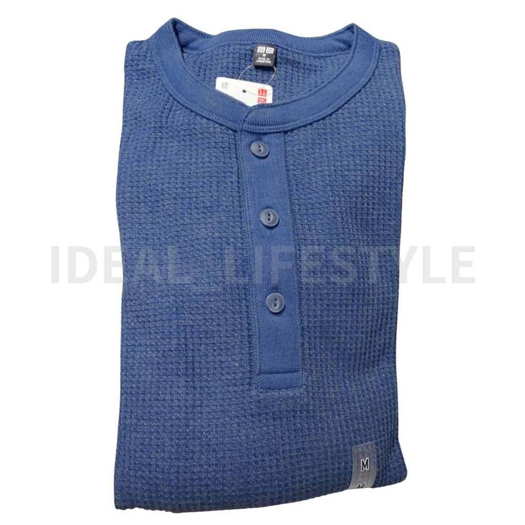 UNIQLO Waffle Henley Neck Long-Sleeve T-Shirt S-4XL Round-hem Men 486104 NWT