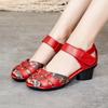 Sommer Fischmaul Damen Sandalen Retro Ethnischer Stil Dicke Absätze Mama Schuhe Weichsohlige Einzelne Schuhe Rindsleder Atmungsaktiv Hohle Schuhe