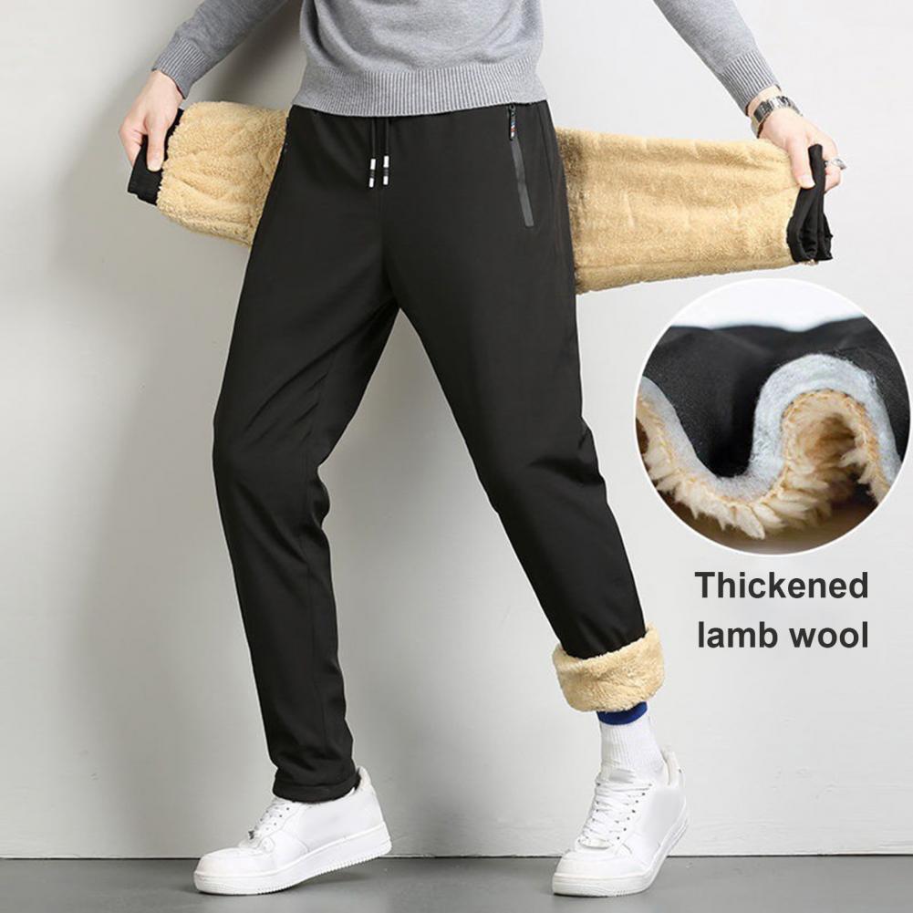 Winter Men Pants Thick Fleece Drawstring Elastic Waist Heat Retention Zipper Pockets Single Color Warm Sport Travel Work Trousers