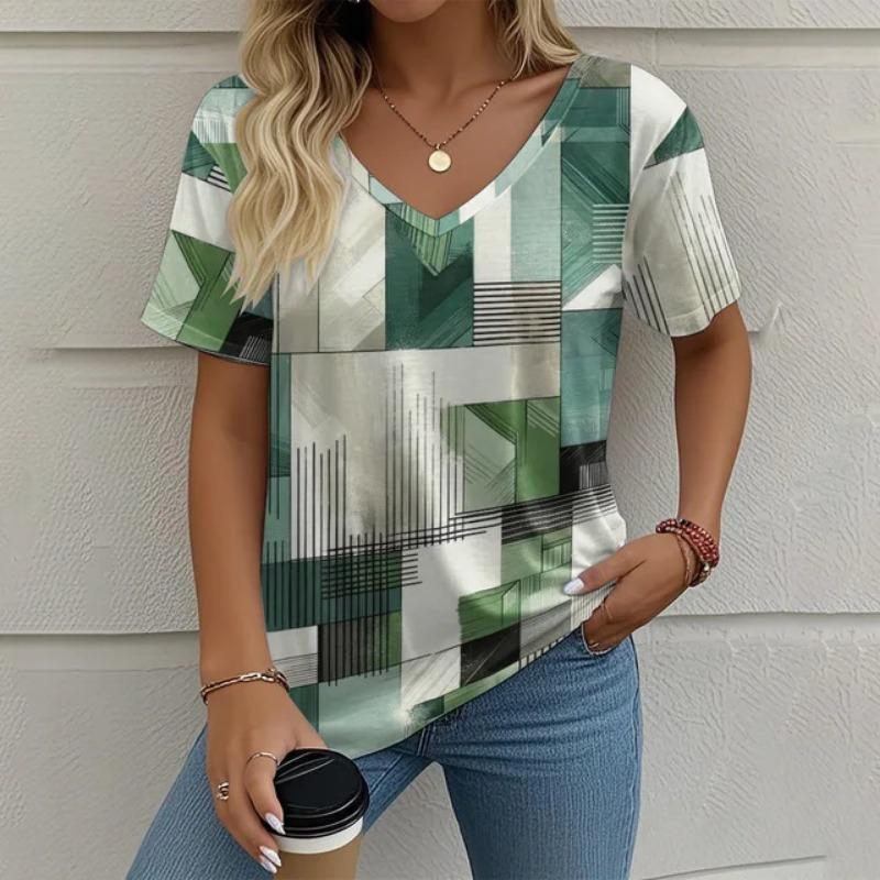 Women's V-neck Short Sleeved 3D T-shirt Checkered Print Summer Clothing Striped Women's T-shirt Street Top