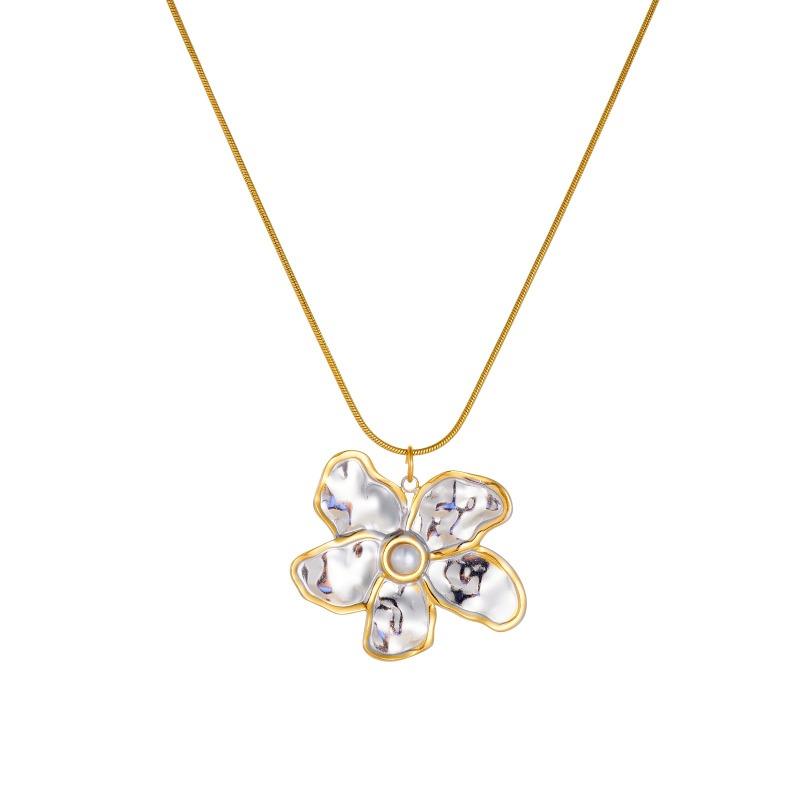 Gold Plated Stainless Steel Two-tone Daisy Pendant Snake Chain Necklace for Women