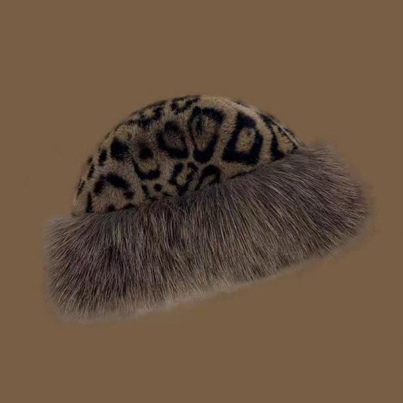 Winter Leopard Print Warm Plush Pullover Cap Women Retro Thickened Cold Ear Protection Dome Bucket Hats
