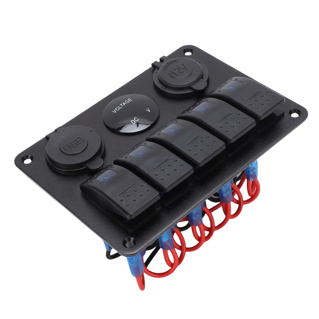 5 Gang Rocker Switch Aluminum Panel with Blue Backlight Dual USB Ports Volt Meter Waterproofing On Off Toggle Switch