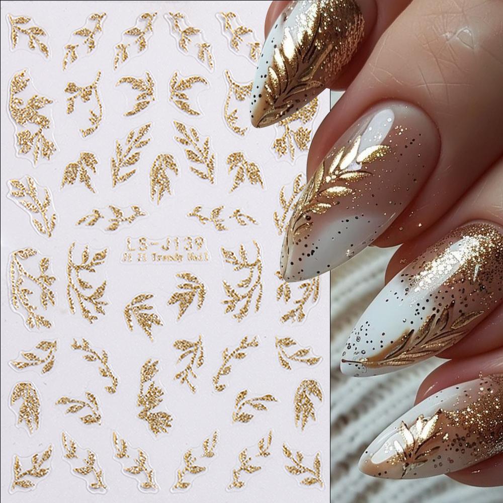 

Bronzing Glitter Gold Branches Jade Leaves Nail Art Adhesive Nail Sticker