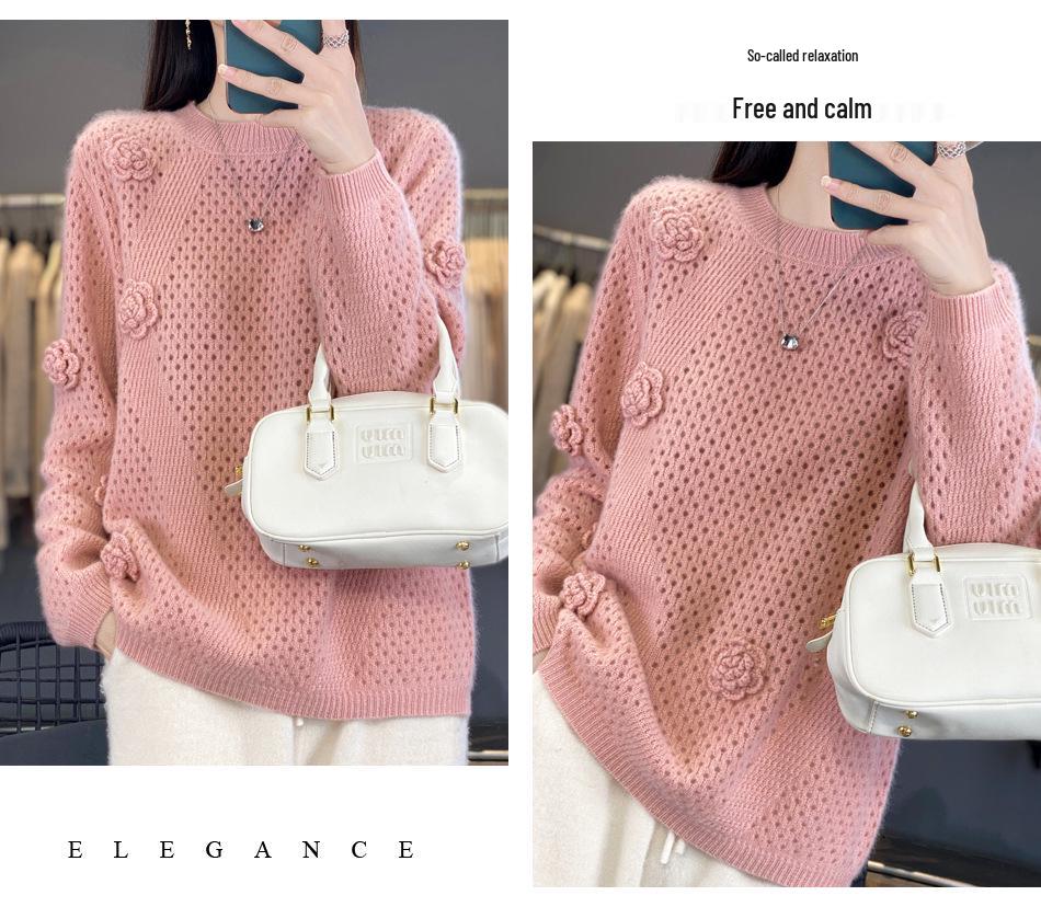 2025 Autumn/Winter Women's Thick Cashmere Hand-Knit Hollow Round Neck Long Sleeve Sweater